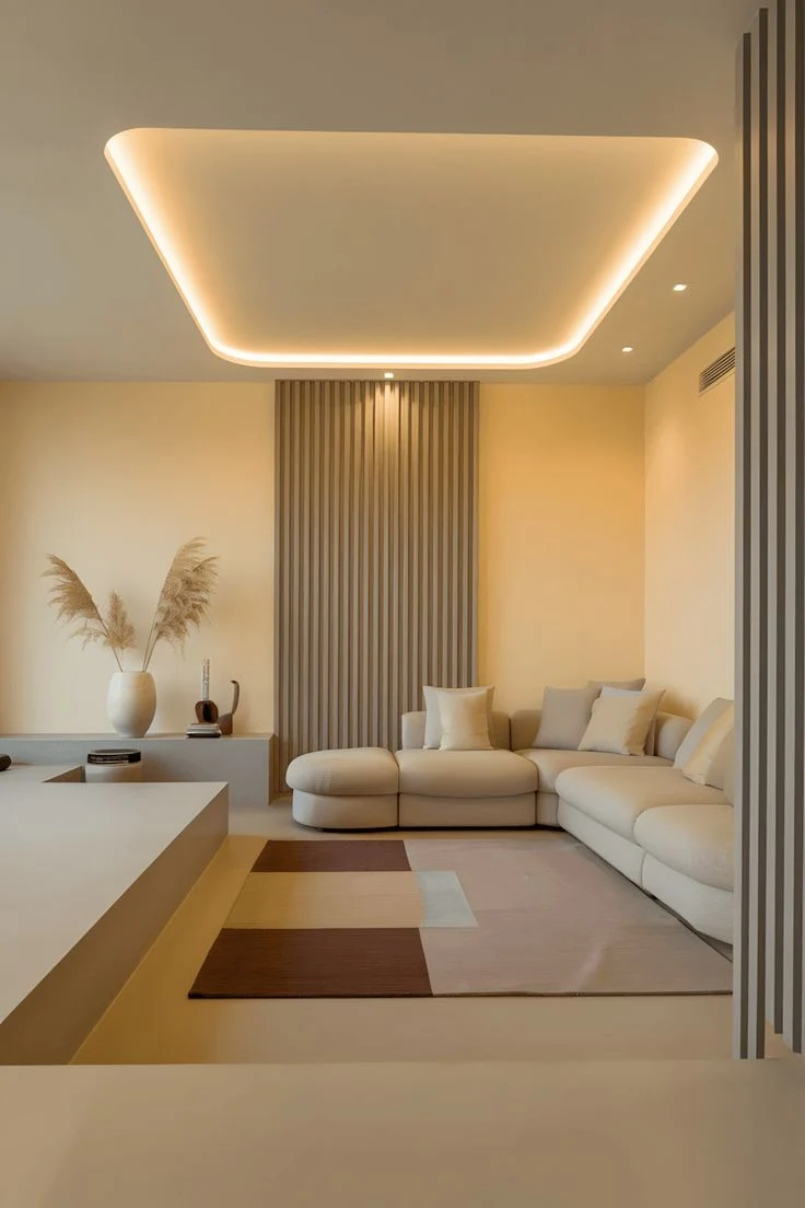 Interior con cielorraso iluminado y paneles varillados