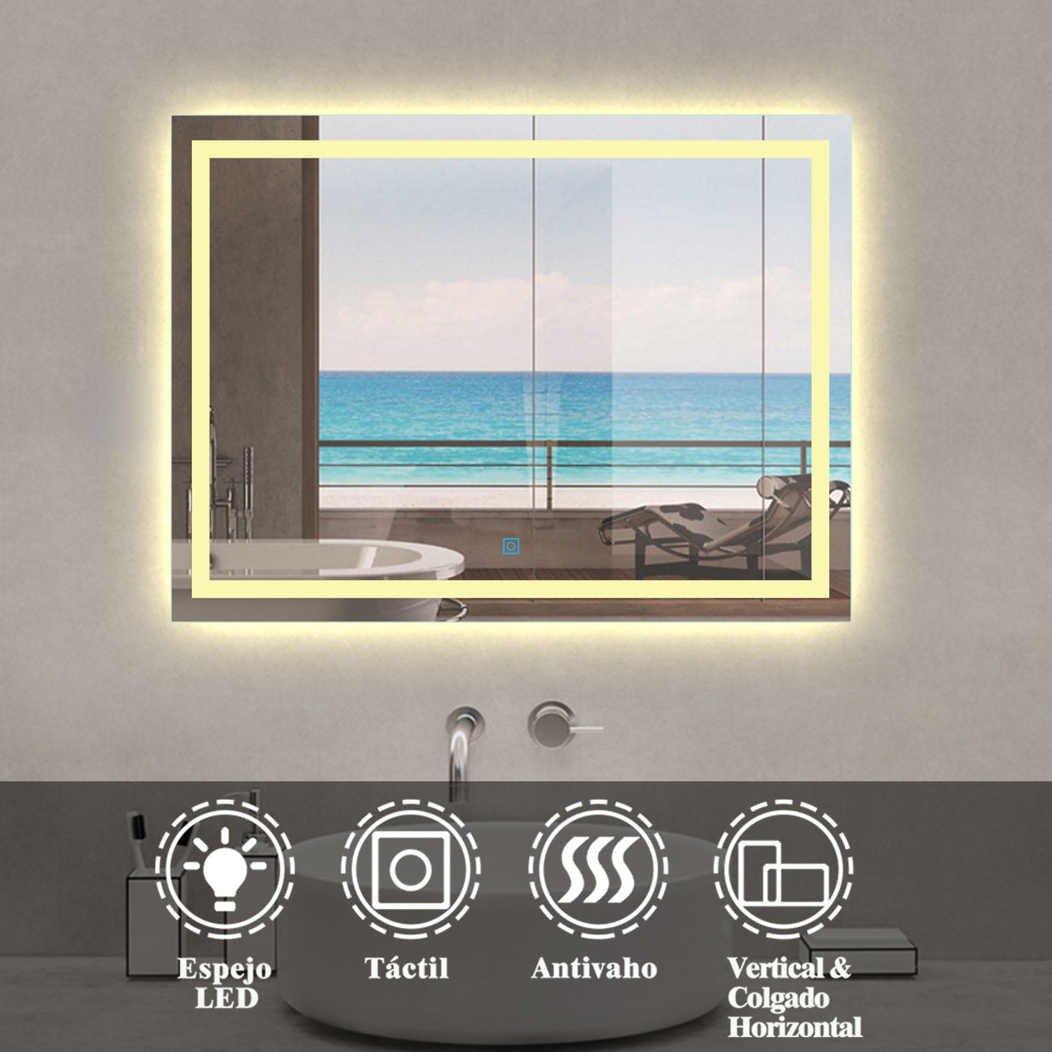 Espejo rectangular con iluminación LED y encendido táctil sobre un vanitory