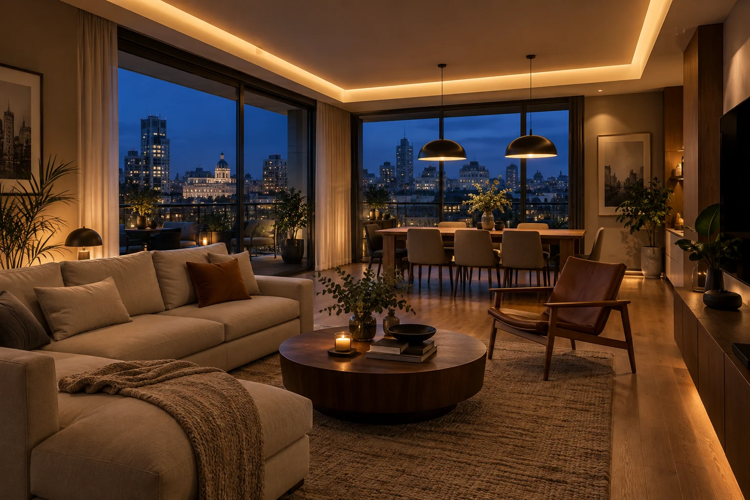 Ambiente residencial contemporáneo con iluminación cálida