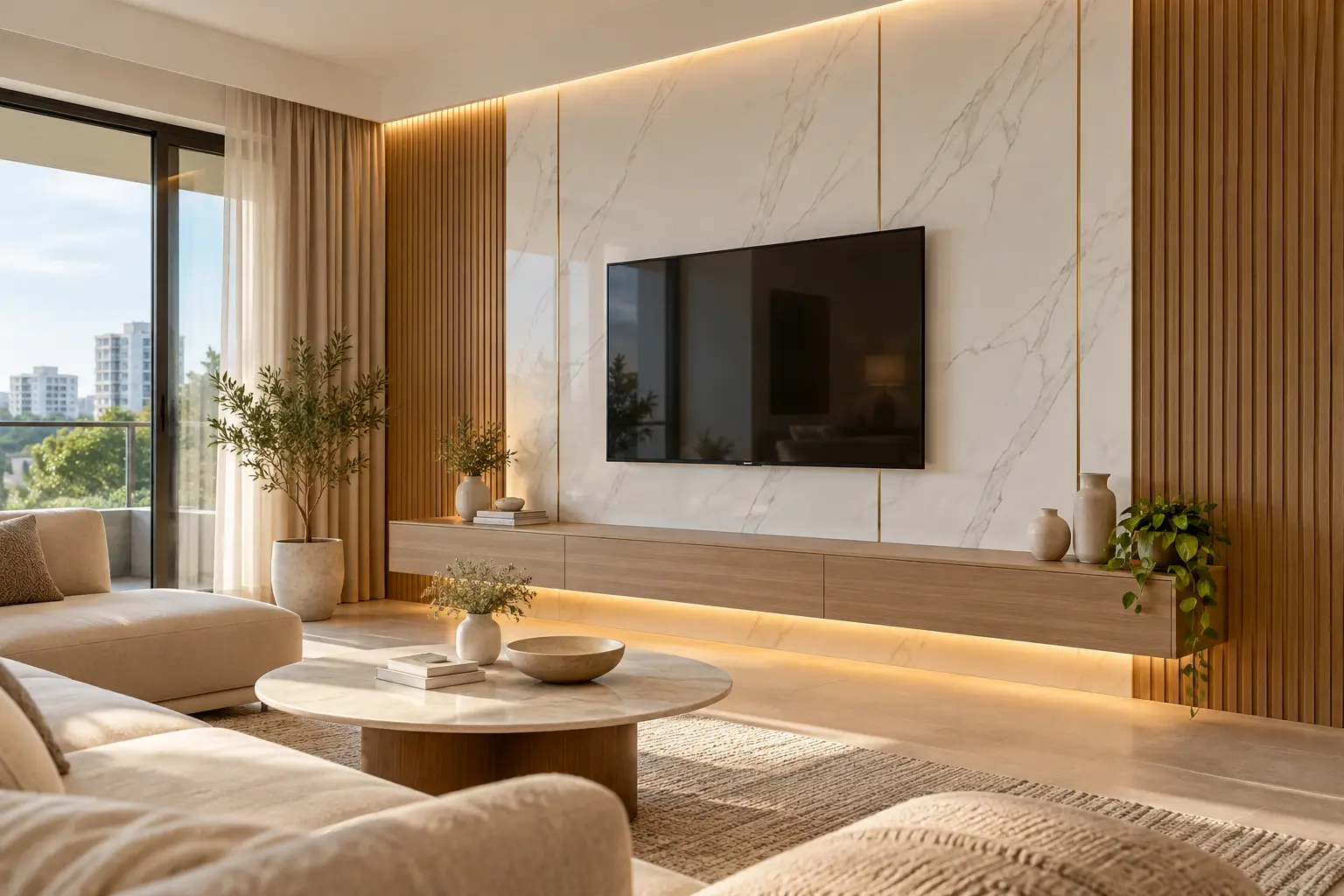 Propuesta de pared con placas PVC símil mármol, paneles de madera e iluminación LED