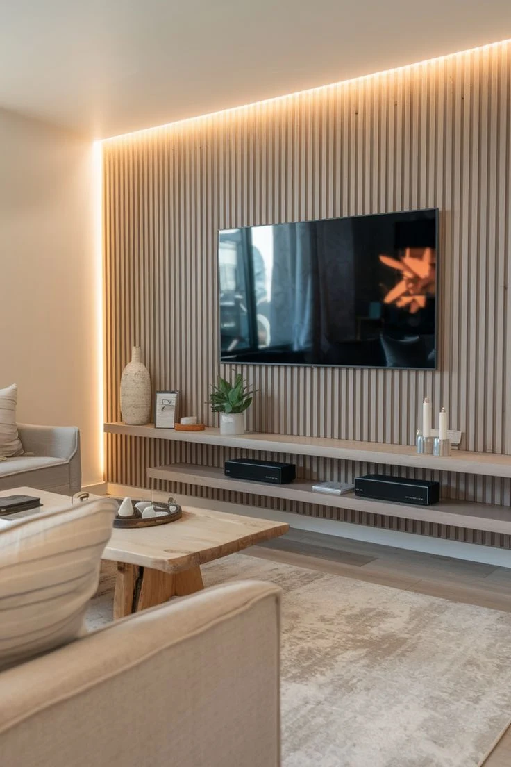 Pared varillada detrás de TV con iluminación LED en el perímetro