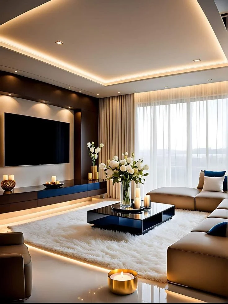 Living con iluminación indirecta de cielorraso y mueble